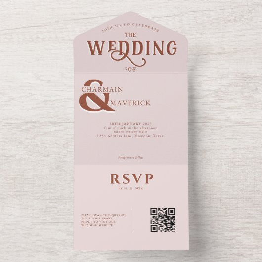 Moderne bruusroze QR-code bruiloften All In One Uitnodiging (Binnen)