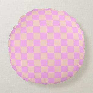 Moderne Bubblegum & Perzik Schachbrett Rond Kussen