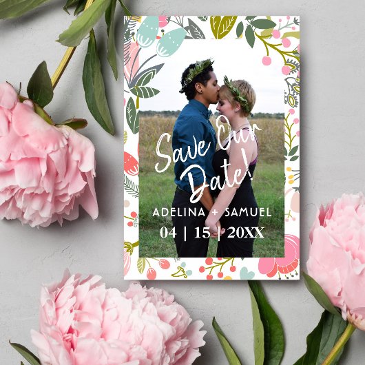 Moderne budget bruiloft chic bloemen foto bewaar d afdruk