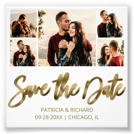 Moderne Budget Bruiloft Save The Date Foto Collage Afdruk (Voorkant)