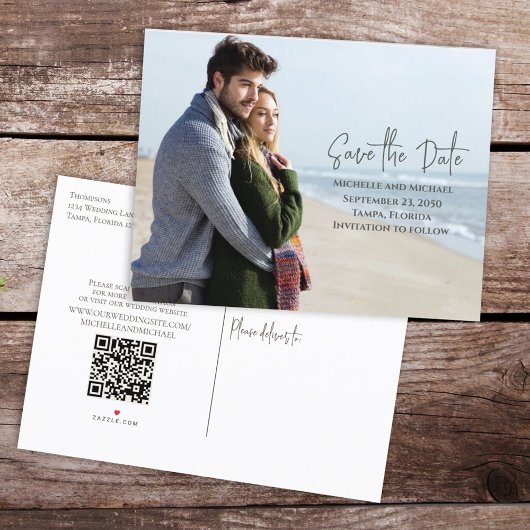 Moderne Budget Save the Date Foto Huwelijk QR Code Aankondigingskaart