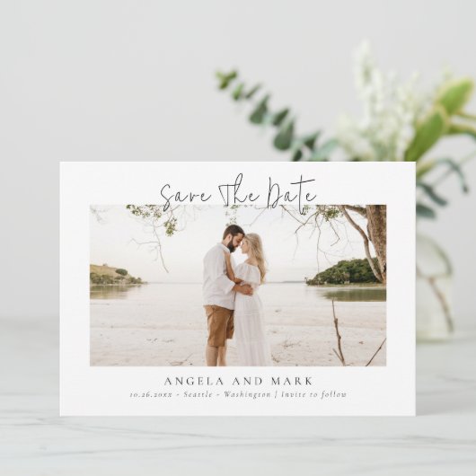 Moderne Budget Script Foto Opslaan van de Datum Kaart (Staand voorkant)