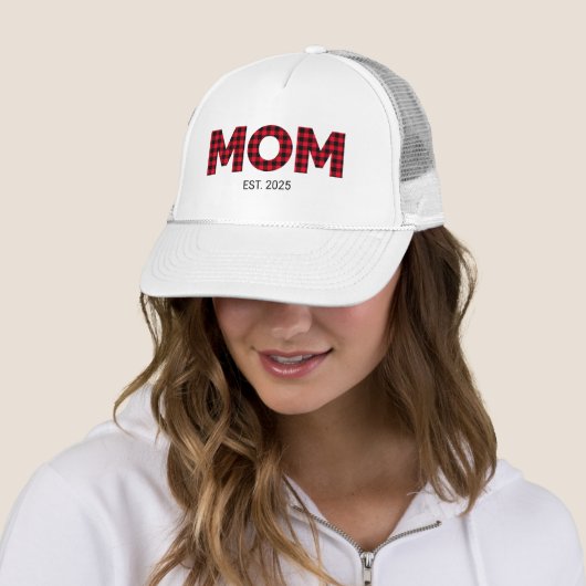 Moderne Buffalo Plaid Moeder Oprichtingsdatum Trucker Pet (In situ)