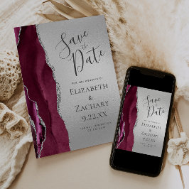 Moderne Burgundy Agate Zilver Save the Date Kaart