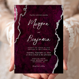 Moderne Burgundy Agaten Zilveren Script Bruiloft Kaart