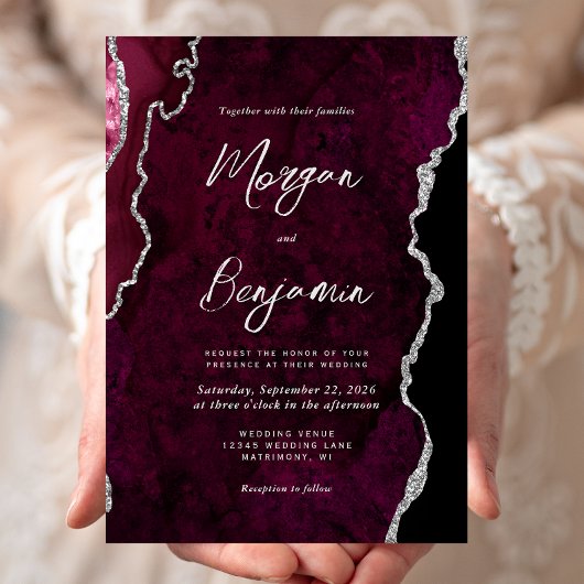 Moderne Burgundy Agaten Zilveren Script Bruiloft Kaart