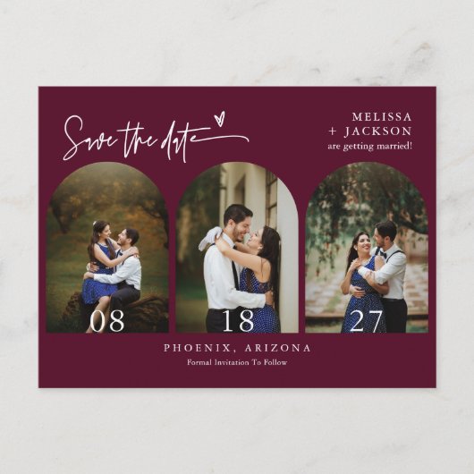 Moderne Burgundy Arch Photo QR Code Save the Date Briefkaart (Voorkant)