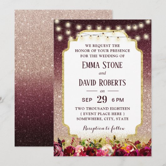 Moderne Burgundy Bloem Roze Gouden Ombre Bruiloft Kaart (Voorkant / Achterkant)
