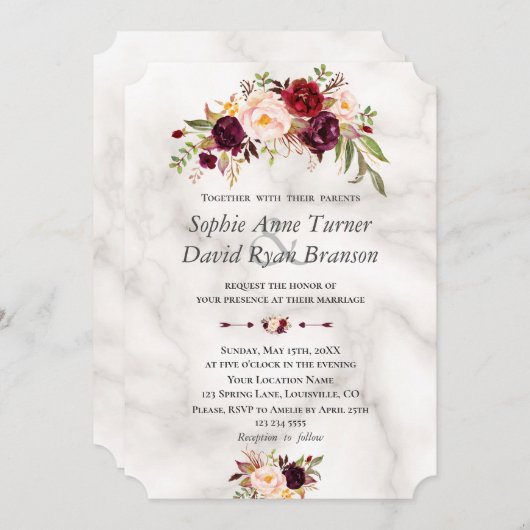 Moderne Burgundy Blush Bloemen Marmeren Huwelijk Kaart (Voorkant / Achterkant)