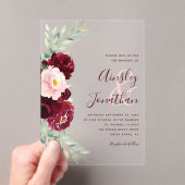 Moderne Burgundy Blush Bloemige Groene Huwelijk Acryl Uitnodigingen (Insitu (Draagbaar))
