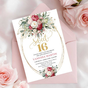 Moderne Burgundy Blush Bloemige Sweet 16 Verjaarda Kaart