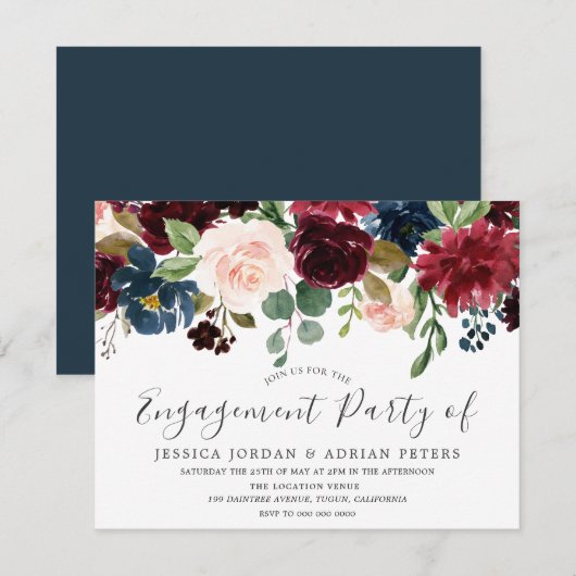 Moderne Burgundy Blush Flowers Engagement Party Kaart (Voorkant / Achterkant)