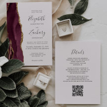 Moderne Burgundy Goud Agaat Blush QR Code Trouwkaa