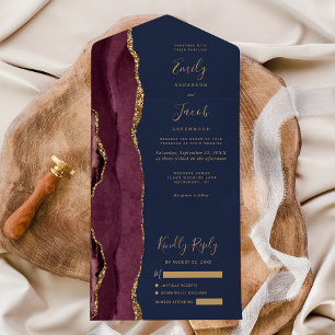 Moderne Burgundy Goud Agate Navy Blauwe Trouwkaart All In One Uitnodiging