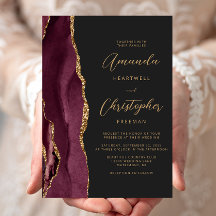 Moderne Burgundy Goud Agate Script Leiste Trouwkaa