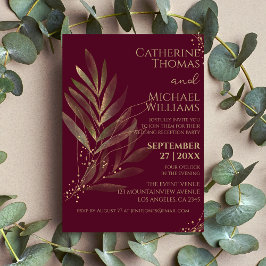 Moderne Burgundy Gouden Blad Huwelijksreceptie Kaart