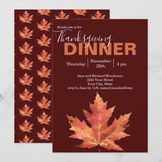 Moderne Burgundy Herfstblad Thanksgiving-diner Kaart (Voorkant / Achterkant)