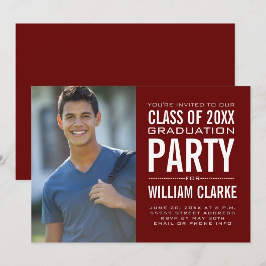 Moderne Burgundy Male Afstudeerder Graduation Part Kaart (Voorkant / Achterkant)