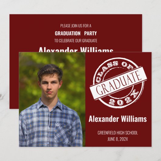 Moderne Burgundy Male Foto Afstudeerder Graduparty Kaart (Voorkant / Achterkant)
