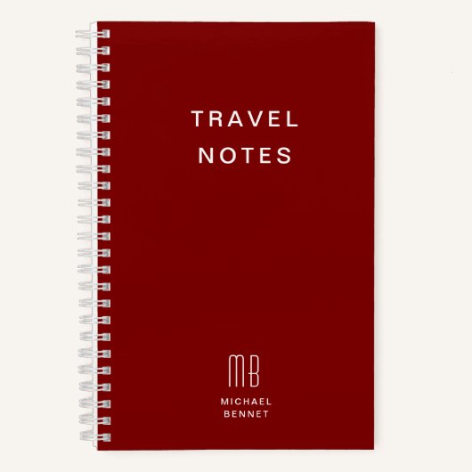 Moderne Burgundy Monogram Reizen Notitieboek (Voorkant)