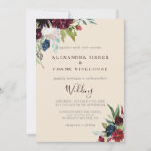 Moderne Burgundy Navy Blush Bloemen Bruiloftsinvit Kaart (Voorkant)