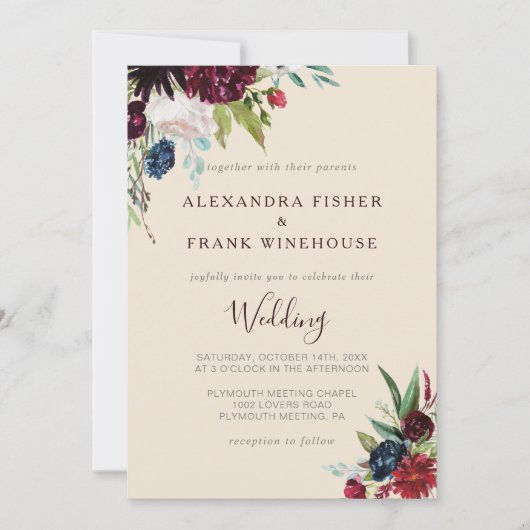 Moderne Burgundy Navy Blush Bloemen Bruiloftsinvit Kaart (Voorkant)