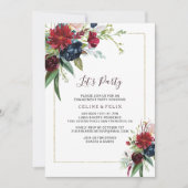 Moderne Burgundy Navy Blush Floral Let's Party Kaart (Voorkant)
