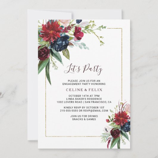 Moderne Burgundy Navy Blush Floral Let's Party Kaart (Voorkant)