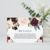 Moderne Burgundy Rode Wijn Navy Trouwdetails Kaart (Staand voorkant)