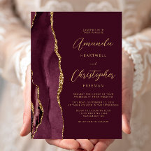 Moderne Burgundy Rood Goud Agate Script Trouwkaart