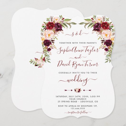 Moderne Burgundy Roze Bloemrijke Calligrafie Bruil Kaart (Voorkant / Achterkant)