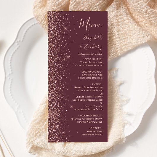 Moderne Burgundy Roze Gouden Glitter Rand Bruiloft Menu