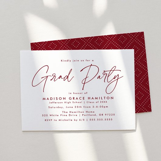 Moderne Burgundy Script Afstudeerfeest Kaart