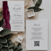 Moderne Burgundy Zilveren Agaat QR Code Trouwkaart