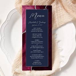 Moderne Burgundy Zilveren Agate Navy Blauwe Trouw Menu