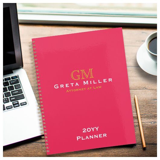 Moderne Business Hot Pink Gold Monogram Planner
