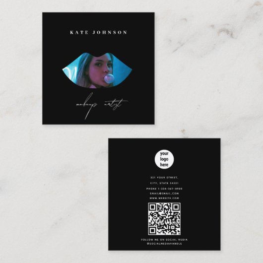 Moderne Business Logo Foto Make-up Artiest Lip Vierkante Visitekaartje (Voorkant / Achterkant)