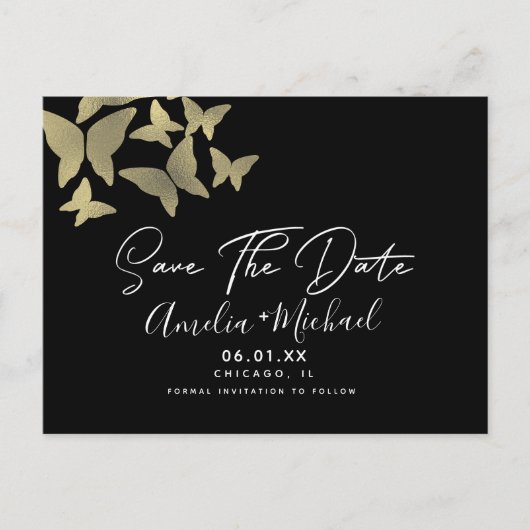 Moderne Butterflies Faux Gold Save the Date Briefkaart (Voorkant)