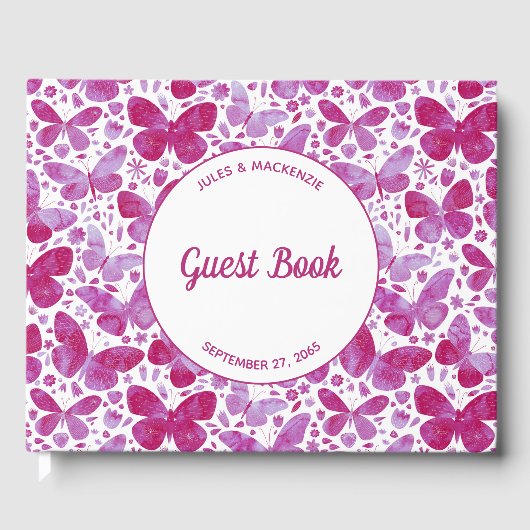 Moderne Butterflies Waterverf Magenta Roze Gastenboek (Voorkant)