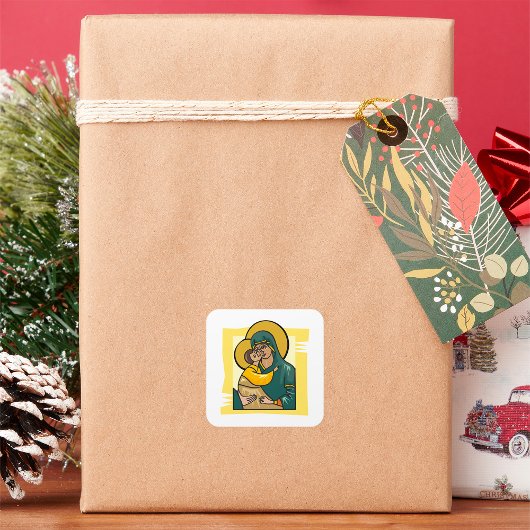 Moderne Byzantijnse Maagd Maria en Kind Religieus Vierkante Sticker