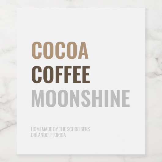 Moderne cacao koffie en moonshine wijn etiket (Enkel label)