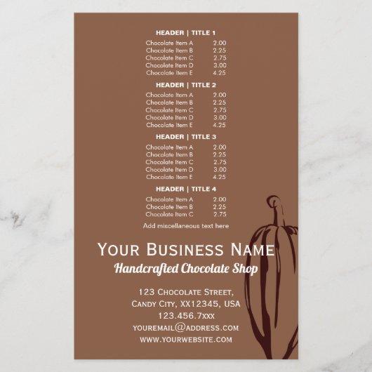 Moderne Cacao Pod Chocolatier Chocolade Shop Menu (Voorkant)