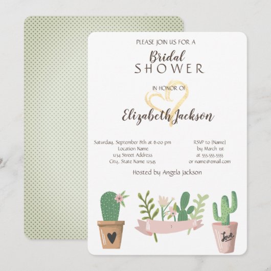 Moderne Cactus Bloem Gouden Hart Bruidsdouche Kaart (Voorkant / Achterkant)