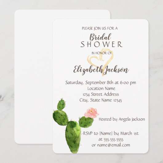 Moderne Cactus Gouden Glitter Hart Bruidsdouche Kaart (Voorkant / Achterkant)