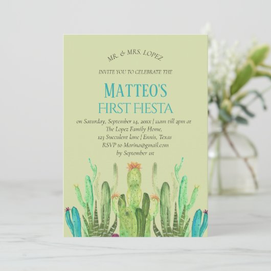 Moderne Cactus Jongen Eerste Fiesta Verjaardag Kaart (Staand voorkant)