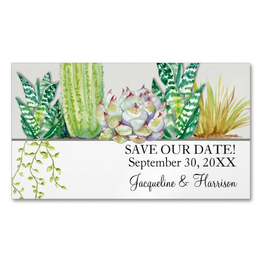 Moderne Cactus n Succulent Waterverf Save the Date Magnetisch Visitekaartje (Voorkant)