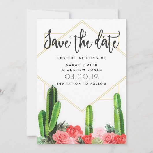 Moderne Cactus, Succulent en Floral Save the Date (Voorkant)