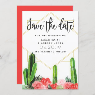 Moderne Cactus, Succulent en Floral Save the Date