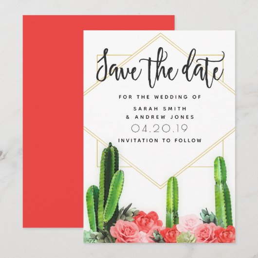 Moderne Cactus, Succulent en Floral Save the Date Kaart (Voorkant / Achterkant)