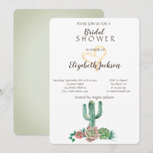 Moderne Cactus Succulent Gouden Hart Bruidsdouche Kaart (Voorkant / Achterkant)